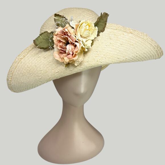 Vintage 80s Floral Straw Sun Hat Wide Brim Cottagecore Garden Party main image 4